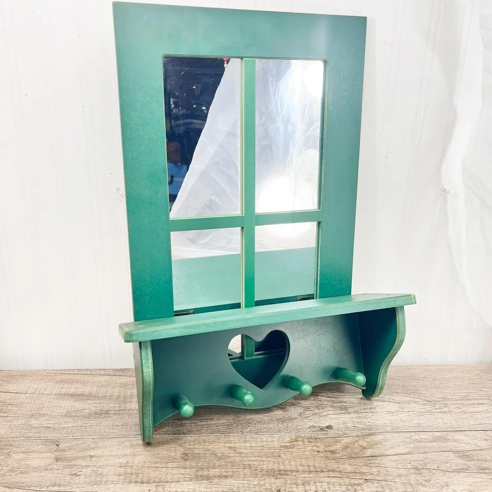 Green Wooden‎ Heart Shelf and Mirror Set - Vintage Cottagecore Decor